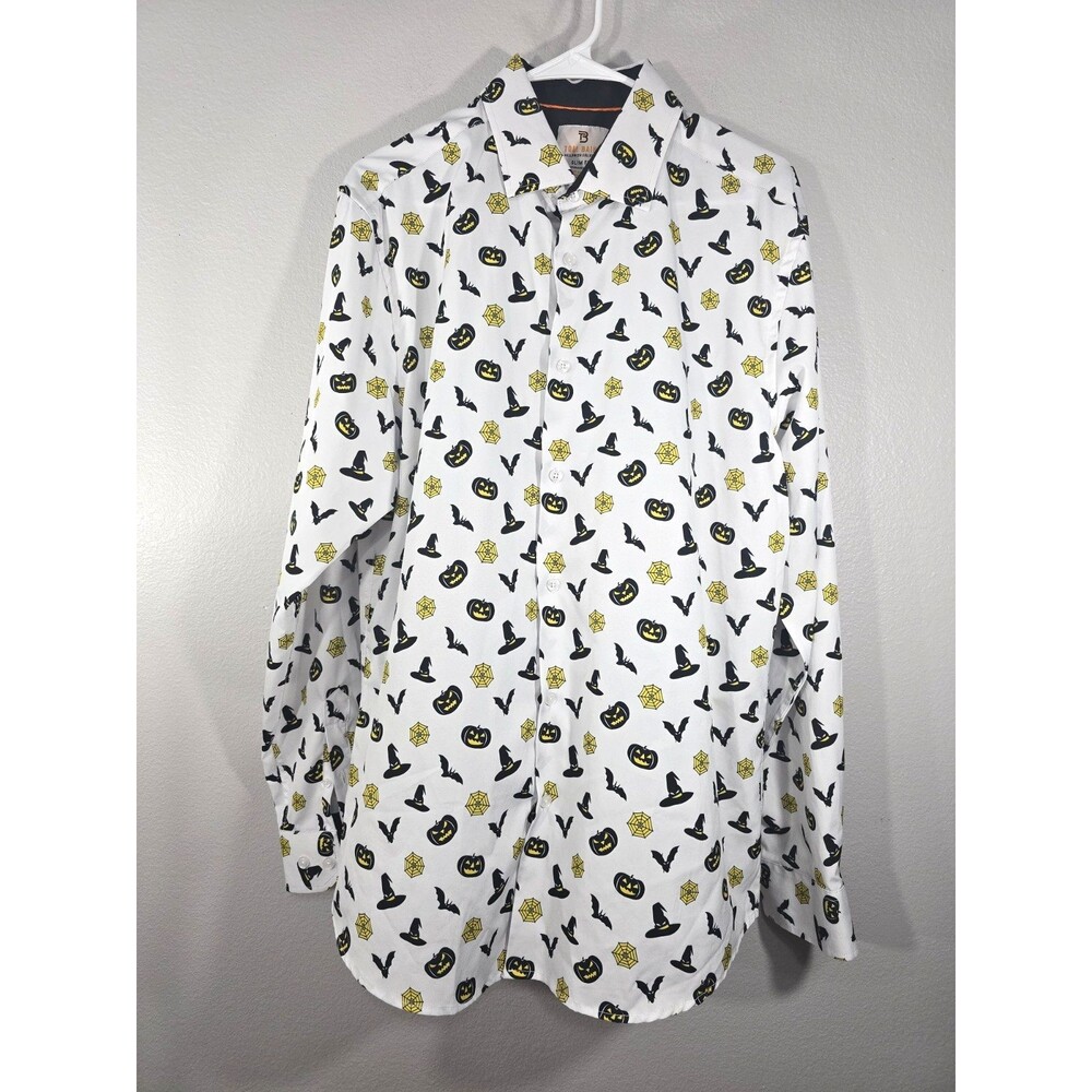 Tom Baine Halloween Collection Slim Fit Mens Shirt XL White Pumpkin & Bat Print